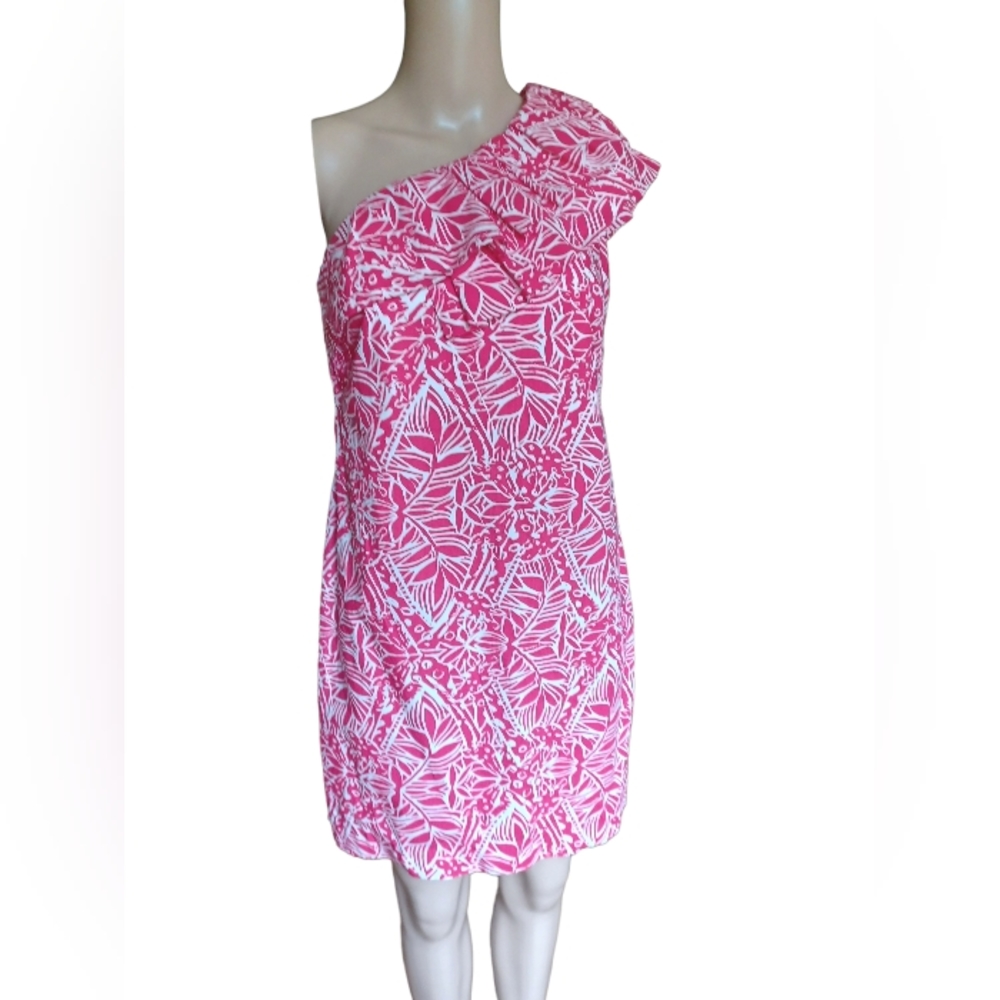 Lilly Pulitzer Pink & White One-Shoulder Ruffle Dress
